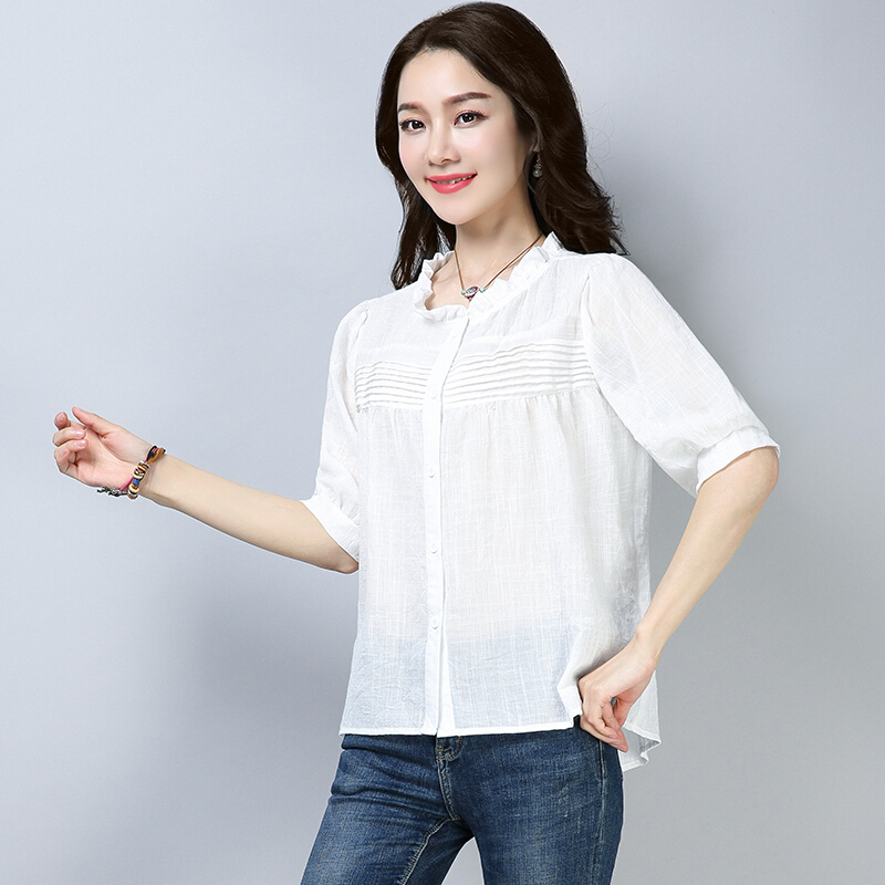 花领棉麻衬衫t恤女2018夏装新款亚麻短袖遮肚子宽松显瘦中袖上衣