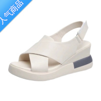 SUNTEK红青蜒2023春夏季新款软皮坡跟凉鞋女厚底松糕底中跟防滑鱼嘴款糕 米色 38
