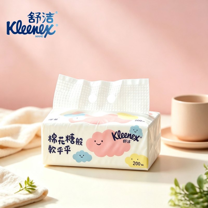 舒洁抽纸 面巾纸 卡通棉花糖款 2层 200抽/包×1包 大尺寸 亲肤柔软原高清大图