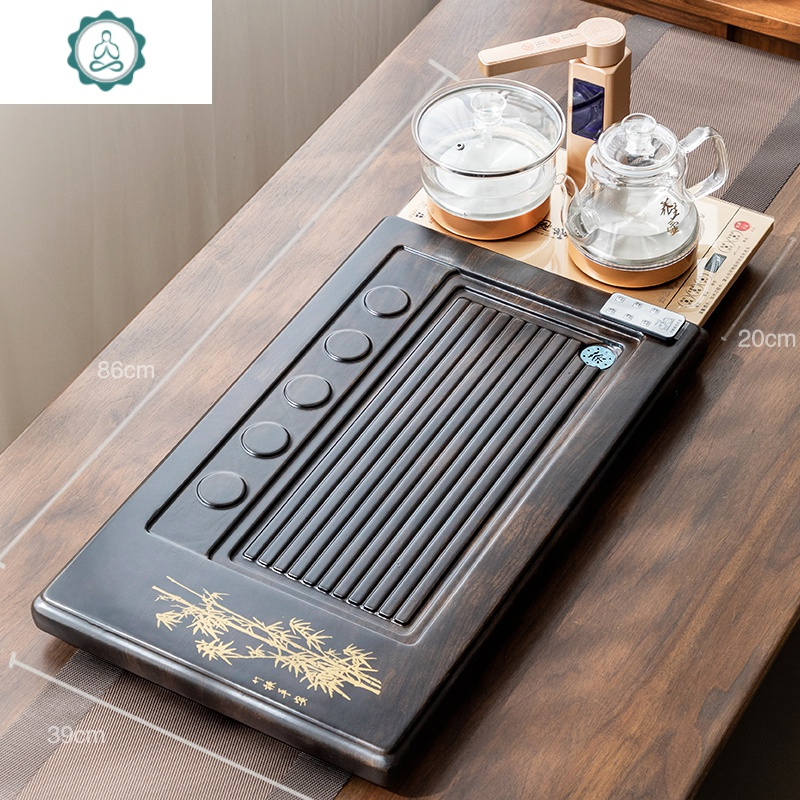 茶具茶盘实木整块原木家用客厅泡茶大号排水茶台小茶海套装 封后 黑檀木喜上梅梢茶盘