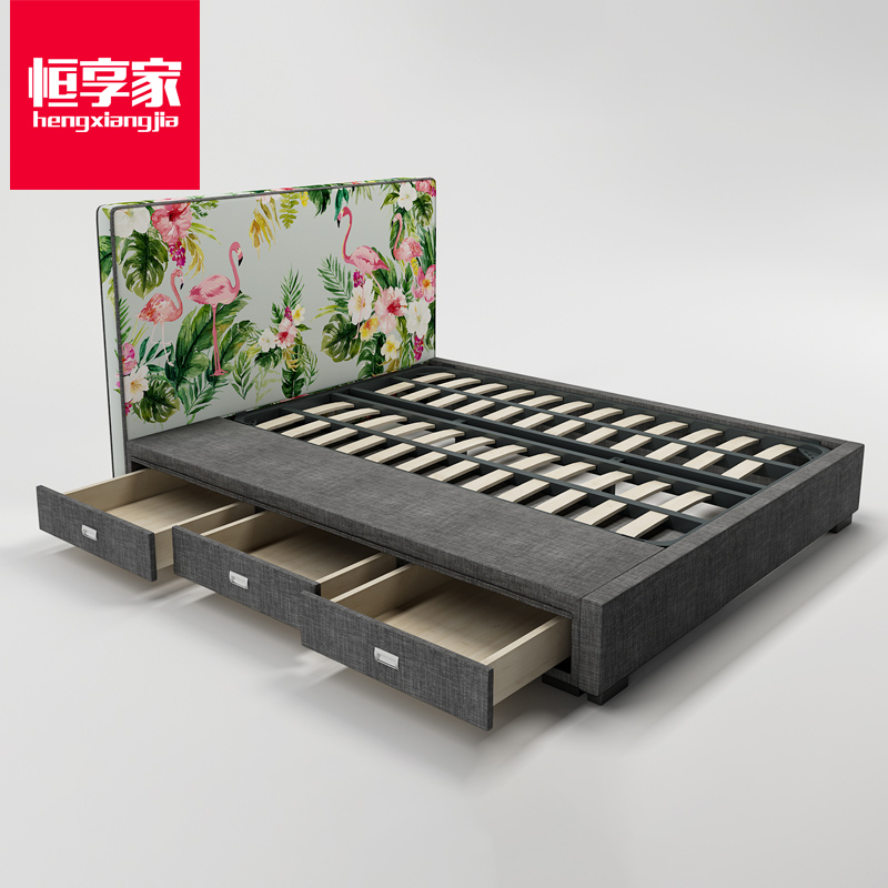 恒享家 火烈鸟绿植款定制手绘ins网红床 现代简约 实木布艺双人床 BC1118