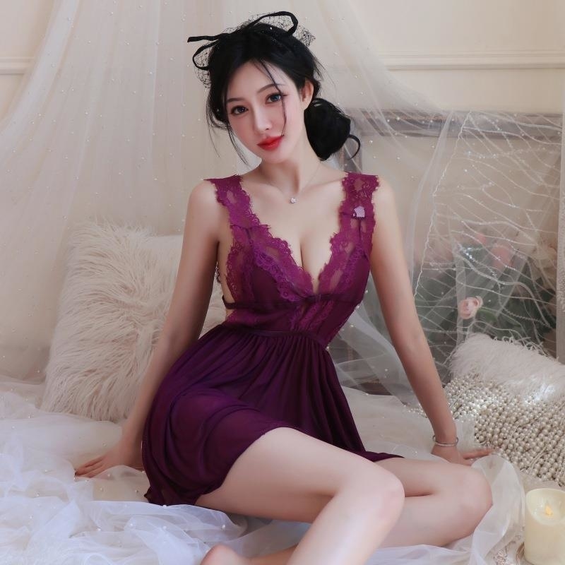 长夜漫漫情趣内裤紫色睡裙韵味性感深v网纱透视蕾丝开叉睡裙1147 红色 均码(80-125斤)
