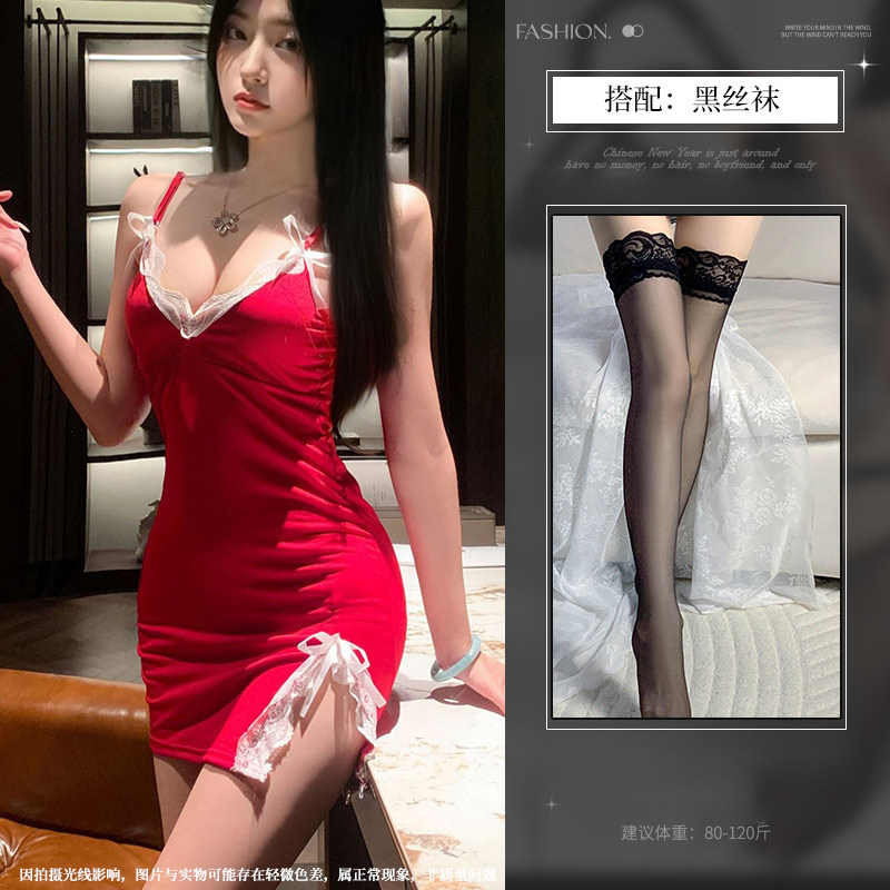 网红吊带睡衣女裙夏性感可爱修身纯欲风蕾丝可胸垫睡裙家居服1361 酒红色【不加胸垫】+黑丝袜 L【100-115斤】