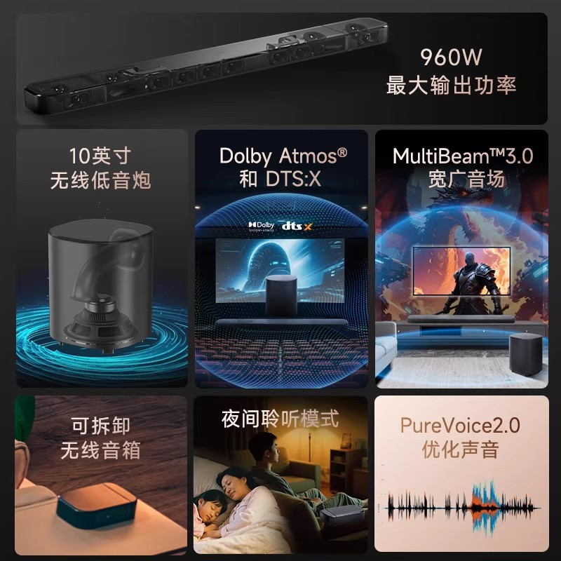 JBL BAR1000MK2电视回音壁家庭影院7.1.4杜比全景声音响电视音箱无线蓝牙套装可拆卸无线环绕高清大图