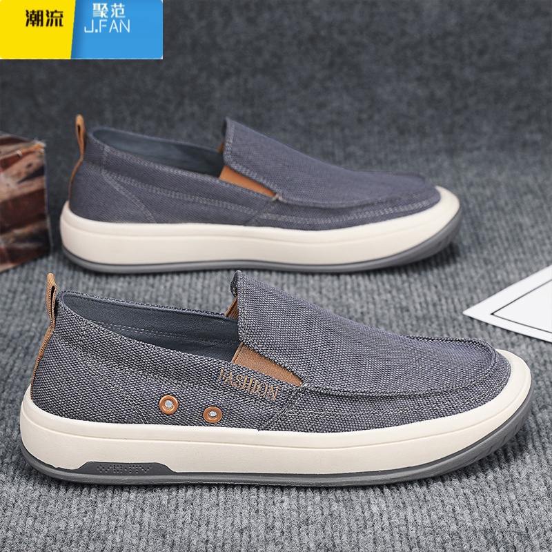 聚范帆布男鞋2024新款夏季透气休闲老北京布鞋懒人一脚蹬厚底运动板鞋高清大图