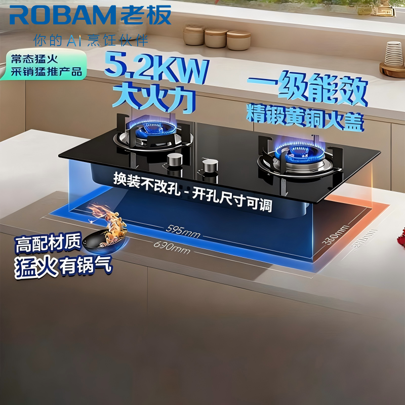 老板(Robam)【星辰系列】燃气灶家用双灶嵌入式煤气灶5.2kW可调节小尺寸灶具灶台猛火灶 20B2A天然气