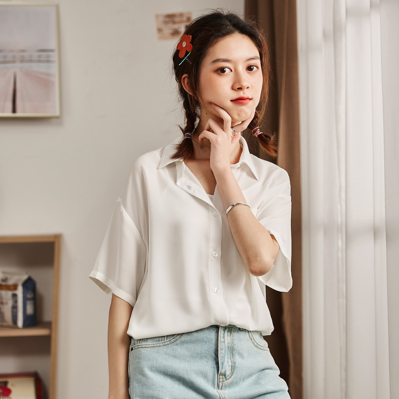 唐狮夏新款白色雪纺短袖衬衫女韩版设计感小众衬衣小仙女上衣