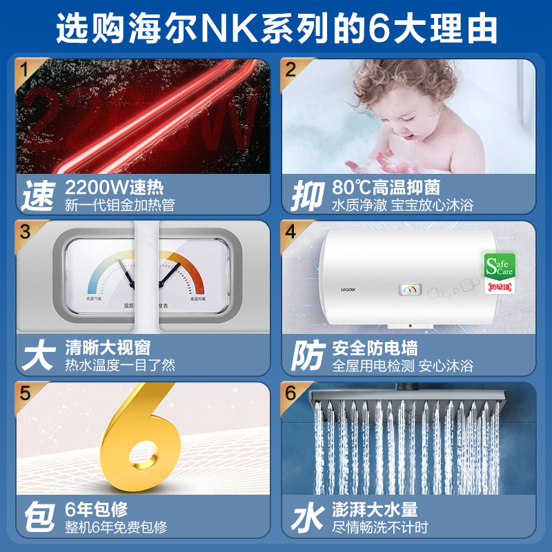 Haier/海尔40升电热水器统帅LES40H-NK(1) 2200W速热 钼金耐腐加热管 80℃高温抑菌 精致小体积
