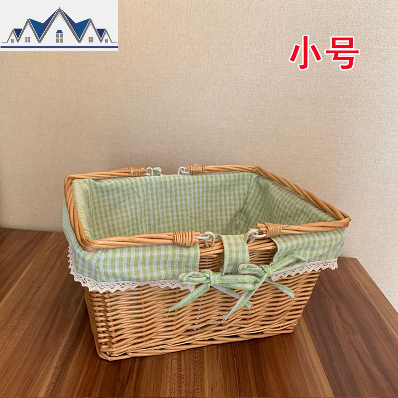 柳编收纳篮花篮购物篮子藤编水果篮手提篮菜蓝野餐篮收纳筐鸡蛋篮 三维工匠 原木色绿格布小号