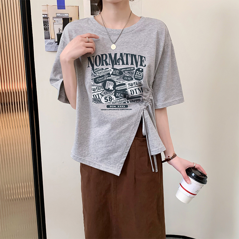 [2.5折价46元]唐狮春夏新款女设计感抽绳短袖T恤圆领百搭港味chic上衣潮x