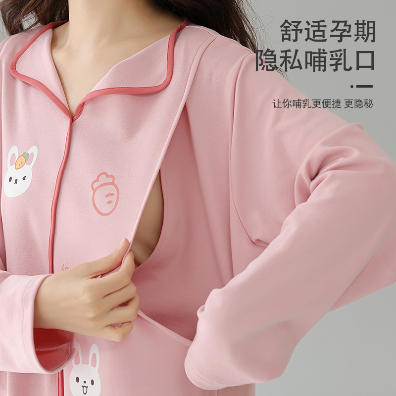 猫人睡裙100%纯棉带胸垫孕妈妈哺乳月子服睡衣可外穿家居服套装高清大图