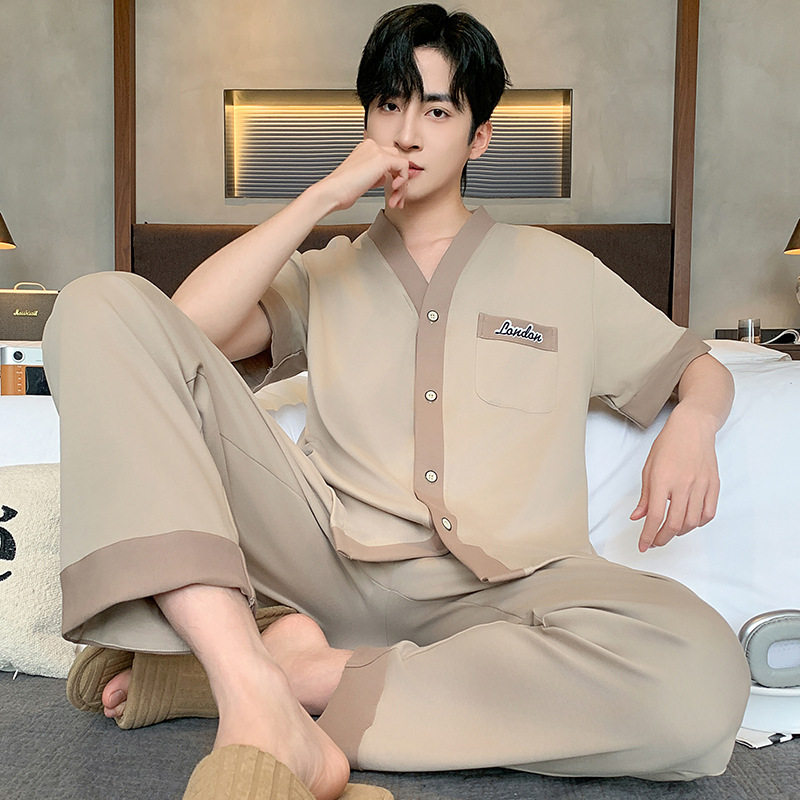 2026新款睡衣男款夏季薄款开衫短袖短裤仿棉拉架可外穿家居服套装高清大图
