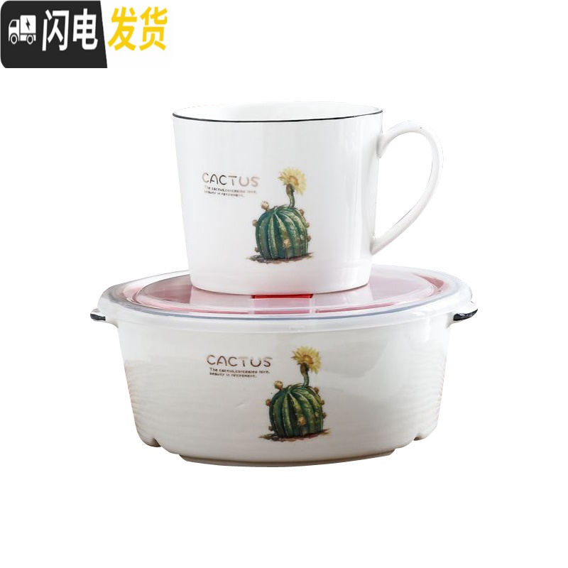 三维工匠陶瓷饭盒圆形分格黑线密封微波炉分隔餐碗上班族便当盒带盖保鲜盒 龟背叶饭盒+勺筷高清大图