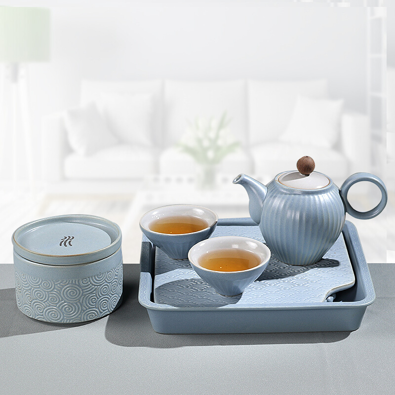 百鸿 日式粗陶五行快客杯整套茶具 一茶壶两杯茶叶罐带茶盘 创意便携旅行功夫茶具套装 水