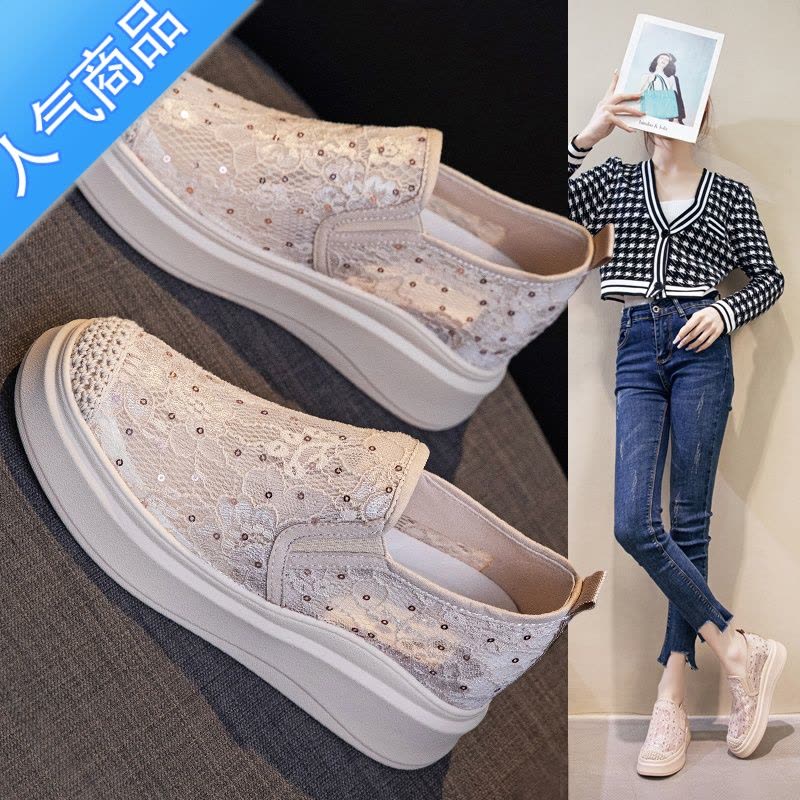 SUNTEK小码313233蕾丝渔夫鞋女内增高厚底亮片一脚蹬小个子乐福鞋透气34图片