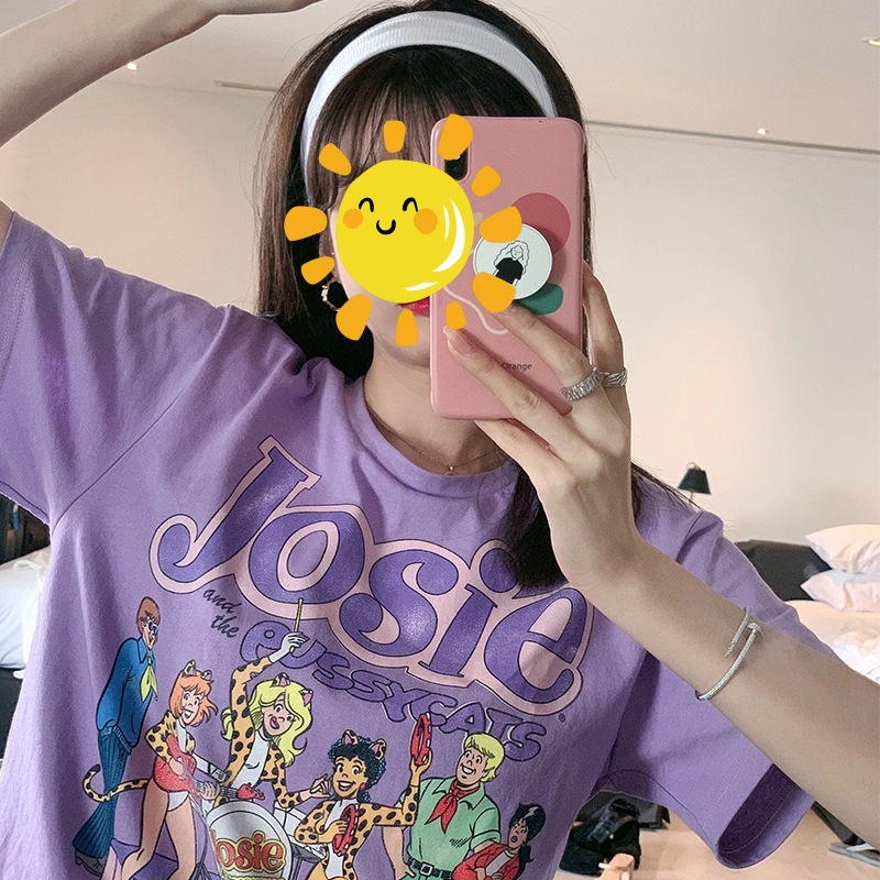 美式卡通夏装新款大码短袖T恤女圆领宽松上衣多巴胺学生衣服