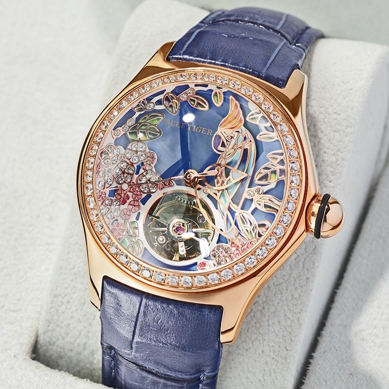 瑞夫泰格(REEF TIGER)女士手表全自动机械表女表新款时尚潮流镶钻镂空皮表带防水3D鹦鹉手表RGA7015高清大图