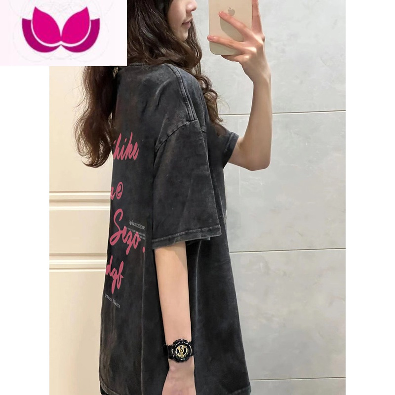 七斓美式复古水洗做旧短袖T恤女宽松oversize夏季港味chic潮牌上衣ins