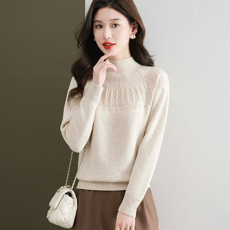 羊绒衫女半高领毛衣短款套头宽松加大码韩版加厚羊毛打底衫毛衣女春秋新款字母加厚一体加绒中年妈妈针织保暖打底衫图片