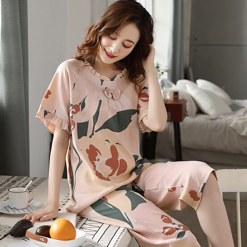 波迷娜(BOMINA)中年妈妈家居服往季夏女睡衣短袖棉夏季加肥加码中老年人妈妈中年家居服裤