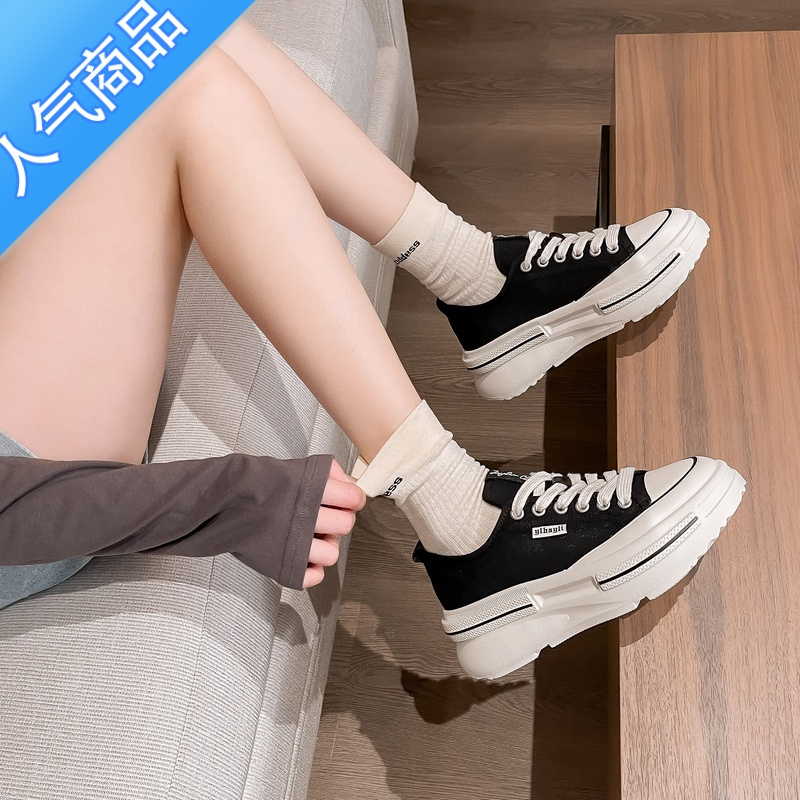 SUNTEK帆布鞋女2023夏季新款厚底增高网面透气薄款软底高级感休闲小白鞋