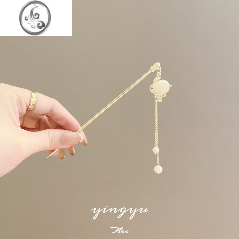 JiMi高级感古风兔子发簪儿童步摇流苏新中式汉服盘发钗子金属简约簪子