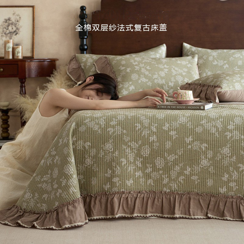 法式复古风全棉双层纱床盖韩式花边款纯棉绗缝加厚防滑床单被单