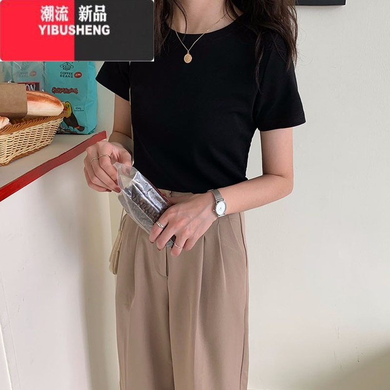 YIBUSHENG红色短袖T恤女装季2024新款小个子修身打底白T网红内搭上衣