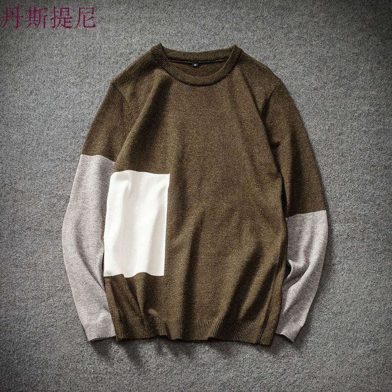 春秋款男士休闲毛衣日系宽松圆领拼接套头线衫韩版潮流薄款针织衫