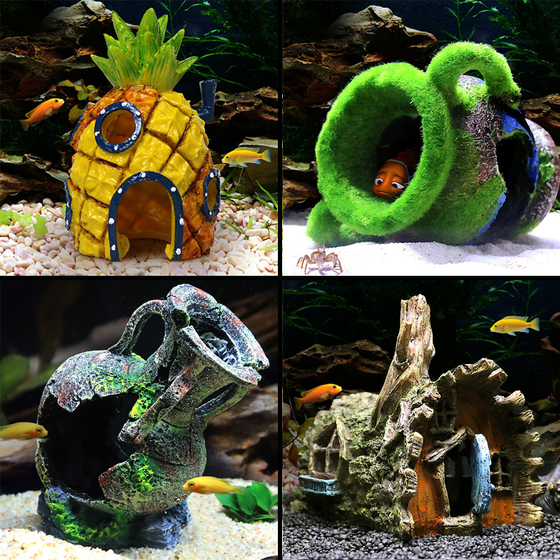 菠萝屋鱼缸造景装饰海绵宝宝公仔水族箱卡通树脂小摆件鱼虾躲避屋高清大图
