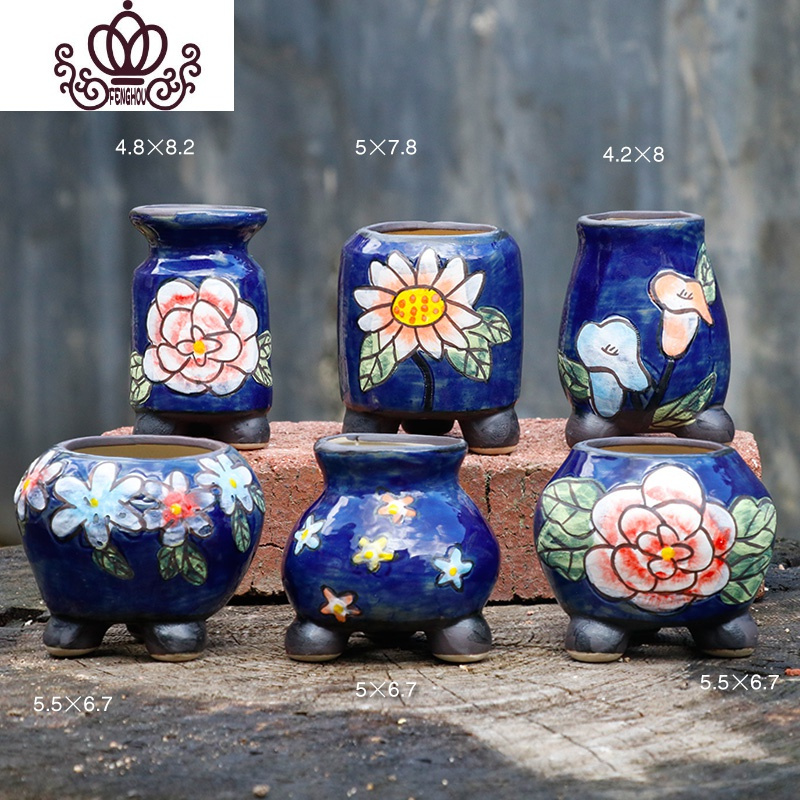 手绘盆植物肉肉小桩花盆多肉小花盆拇指盆 新拇指-宝蓝色(一套6个)