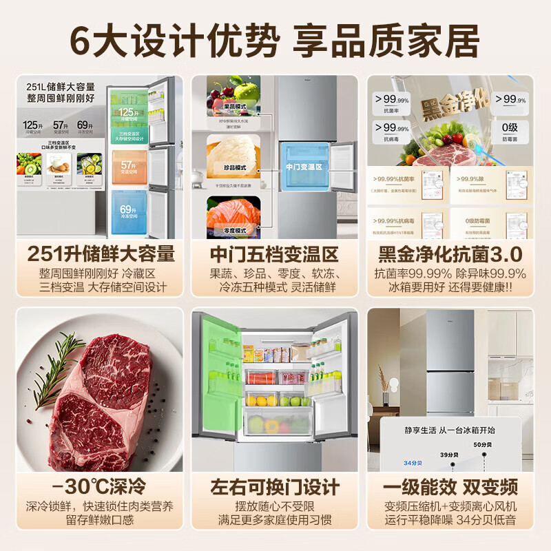 海尔(Haier)251升小型冰箱家用三门变频1级能效风冷无霜三开门节能电冰箱深冷速冻BCD-251WGHC3E7XM高清大图