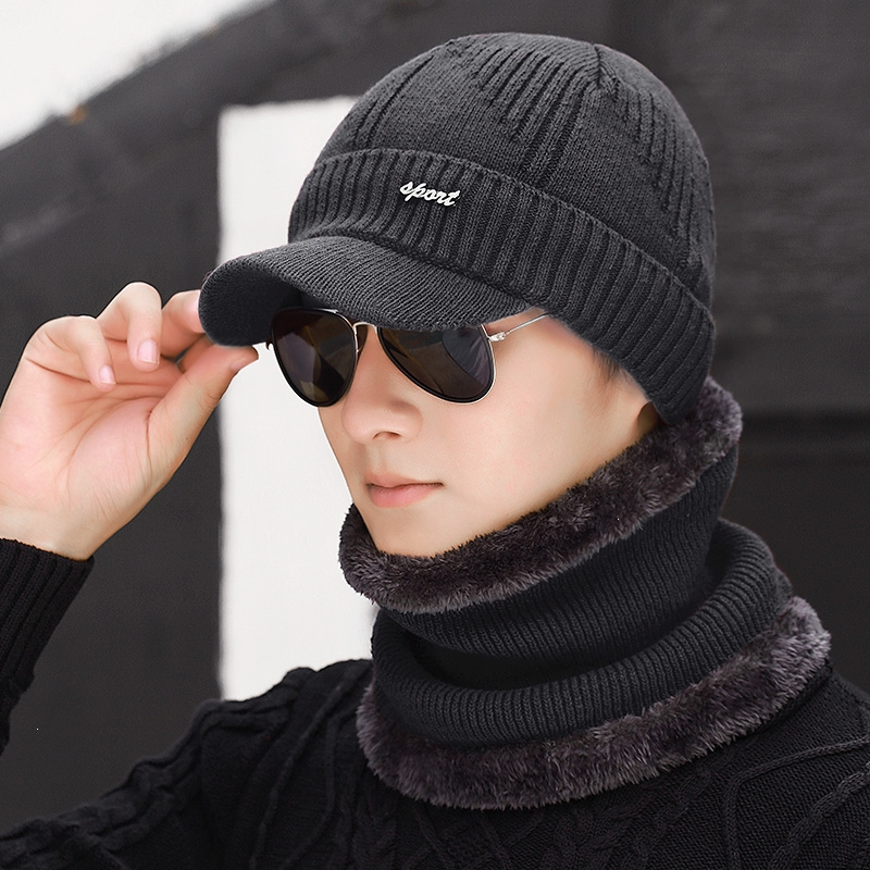 闪电客男士带帽檐帽子户外出行秋冬季加绒毛线帽加厚保暖针织帽脖套