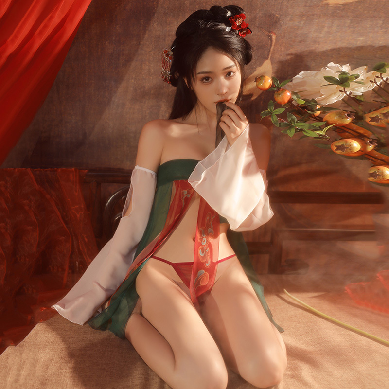 霏慕情趣内衣女性感蕾丝古风汉服套装纯欲肚兜分片抹胸裙制服诱惑角色扮演网纱透视透明开档露乳免脱丁字裤血滴子女式情趣睡衣