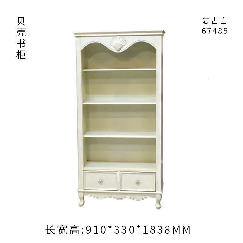 森美人美式乡村地中海做旧彩绘书柜 北欧展示艺术储物柜置物架 欧式玄关 贝壳书柜67485复古白0.8-1米宽
