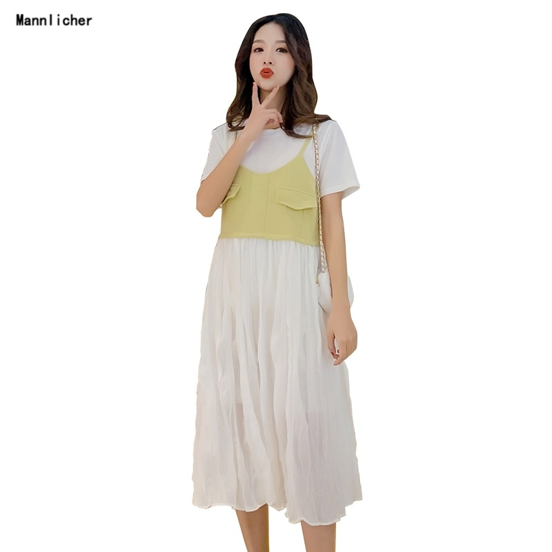 夏装新款韩版T恤上衣女+中长款时尚大码拼接褶皱吊带连衣裙两件套预售定制款韩版潮牌