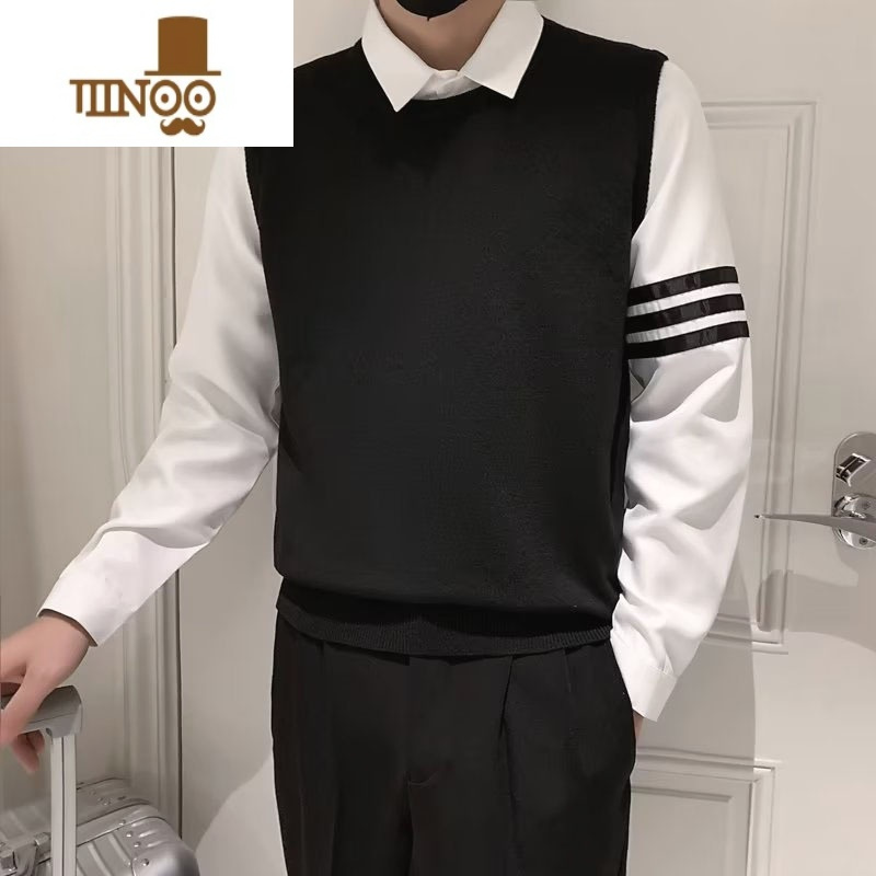 YANXU假毛衣男潮流三杠衬衫领欧洲站百搭套头上衣针织打底衫