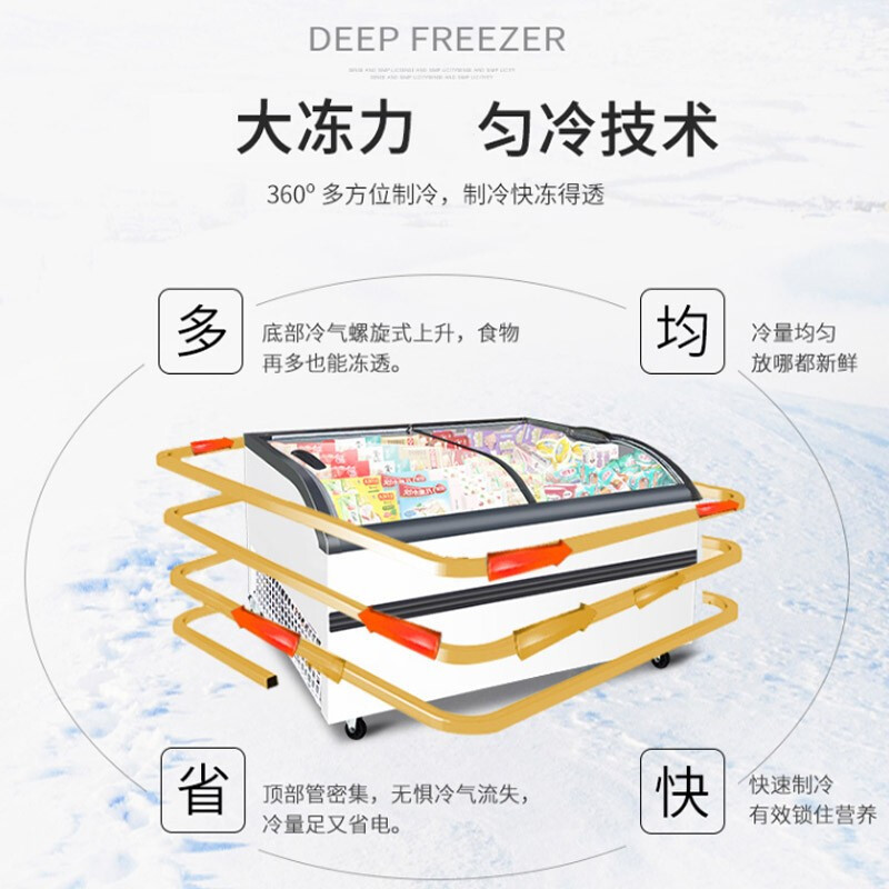 飞天鼠(FTIANSHU) 卧式雪糕柜冰激凌柜全冷冻商用卧式冷柜岛柜展示柜玻璃门圆弧速冻柜海鲜柜生鲜柜 1.5米欧岛柜