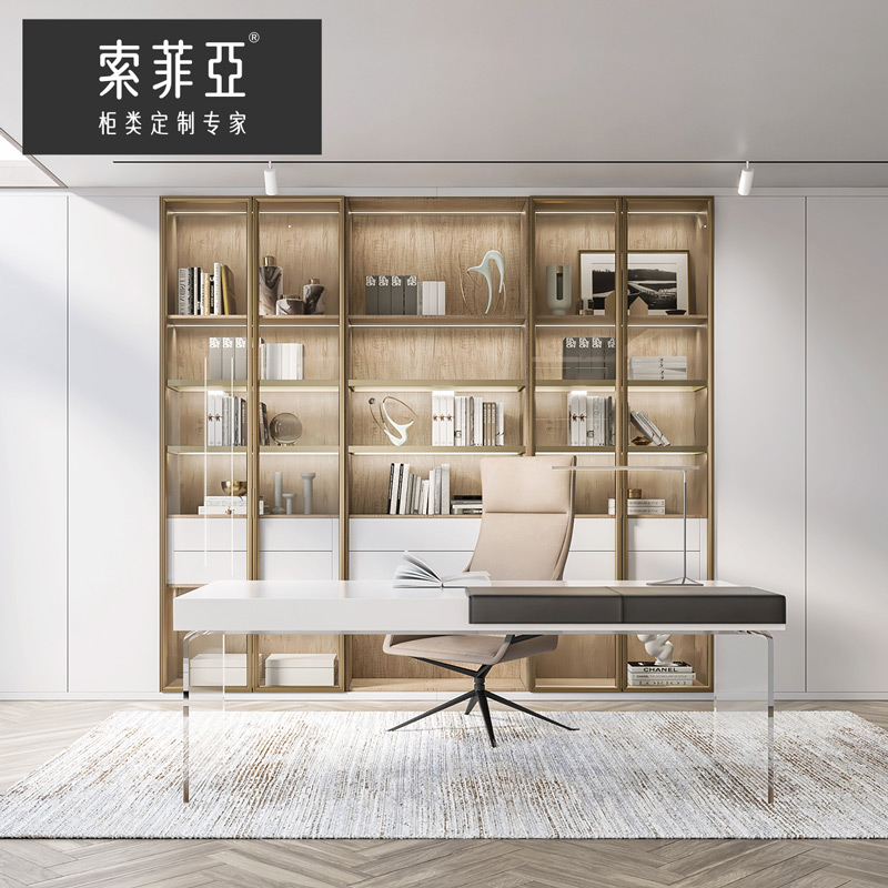 索菲亚书房书柜定制莫里斯系列时尚轻奢铝框木质大容量收纳环保柜视频