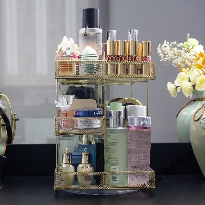 上新上新欧式旋转化妆品收纳盒ins透明玻璃桌面梳妆台护肤置物架 一件新 四边形旋转图片