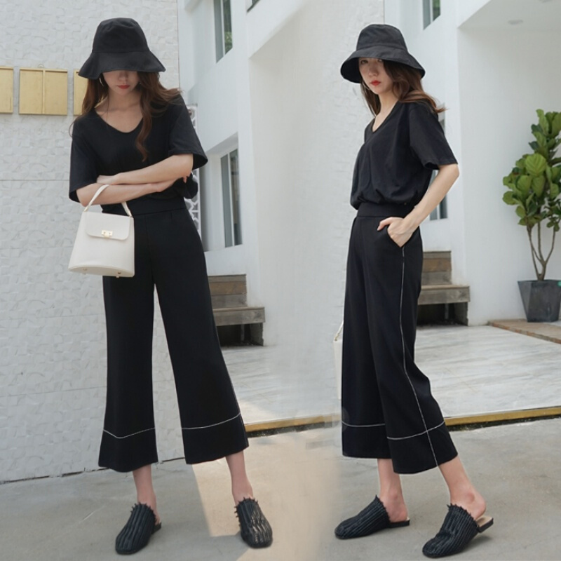 垂感阔腿裤女夏2018新款雪纺港味高腰chic九分直筒休闲七分女裤子黑色