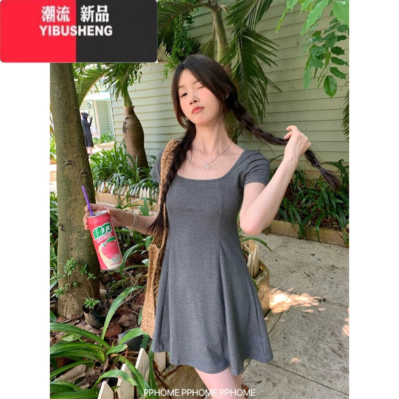 YIBUSHENG自制~露思小A裙 带胸垫背心连衣裙显瘦收腰短袖连衣裙短裙