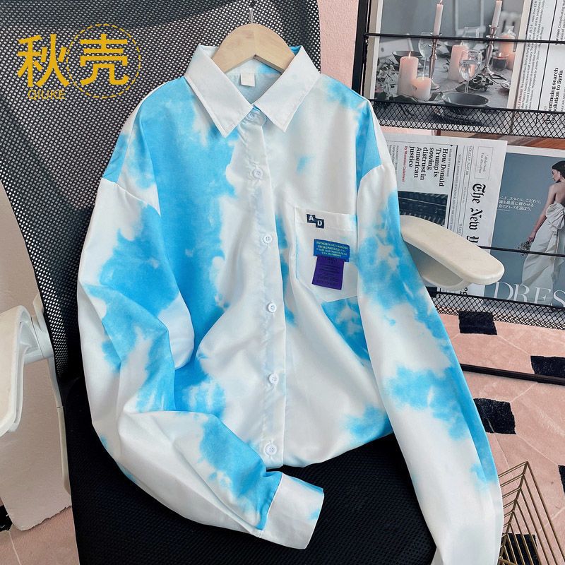 秋壳扎染衬衫女2022新款复古港风长袖宽松学生休闲上衣ins潮