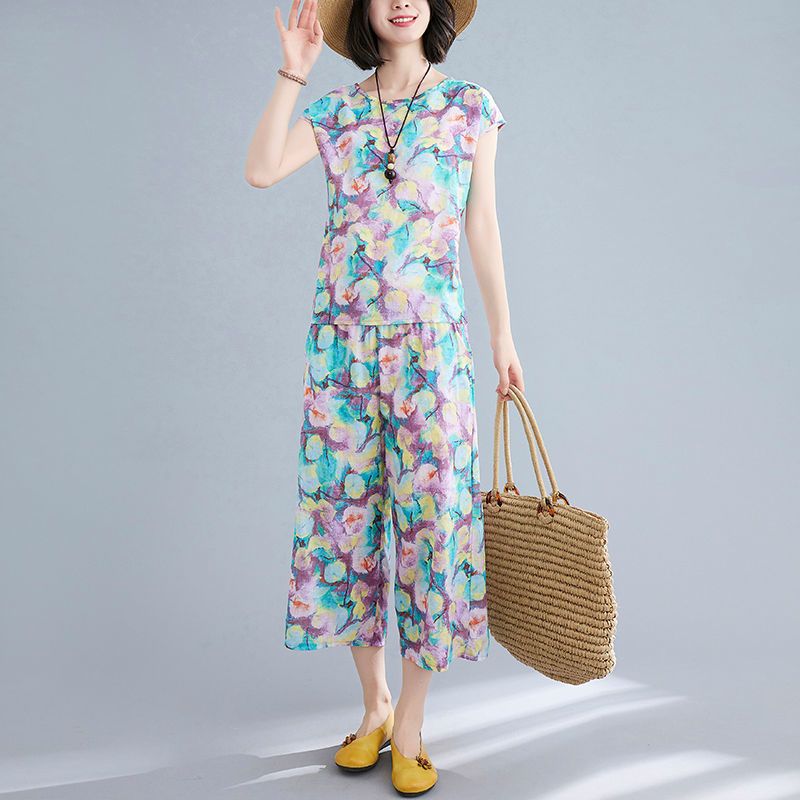 复古印花休闲棉绸套装女时尚外穿夏季人造棉睡衣短袖两件套家居服47号