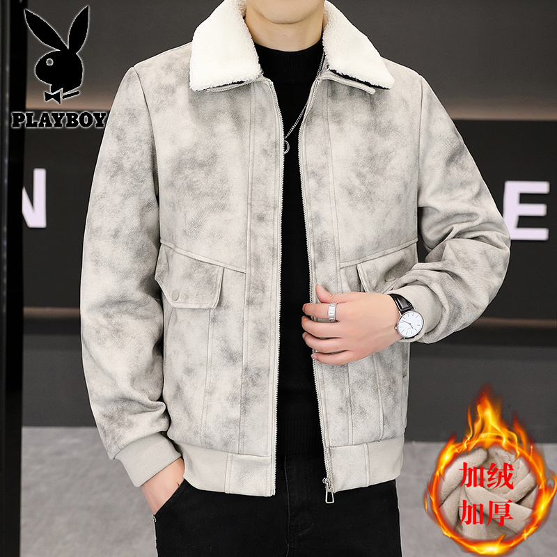 花花公子新款脏脏布男士冬季加绒加厚外套时尚个性百搭夹克高清大图