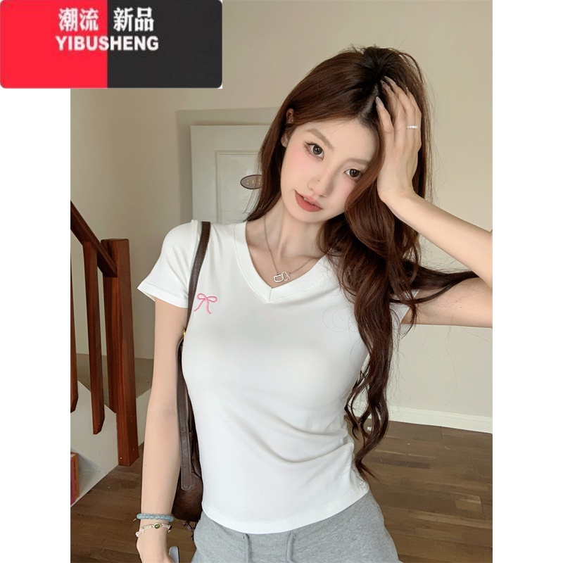 YIBUSHENG小辣纯欲~蝴蝶刺绣V领短袖T恤女季百搭修身显瘦正肩上衣 白色 L