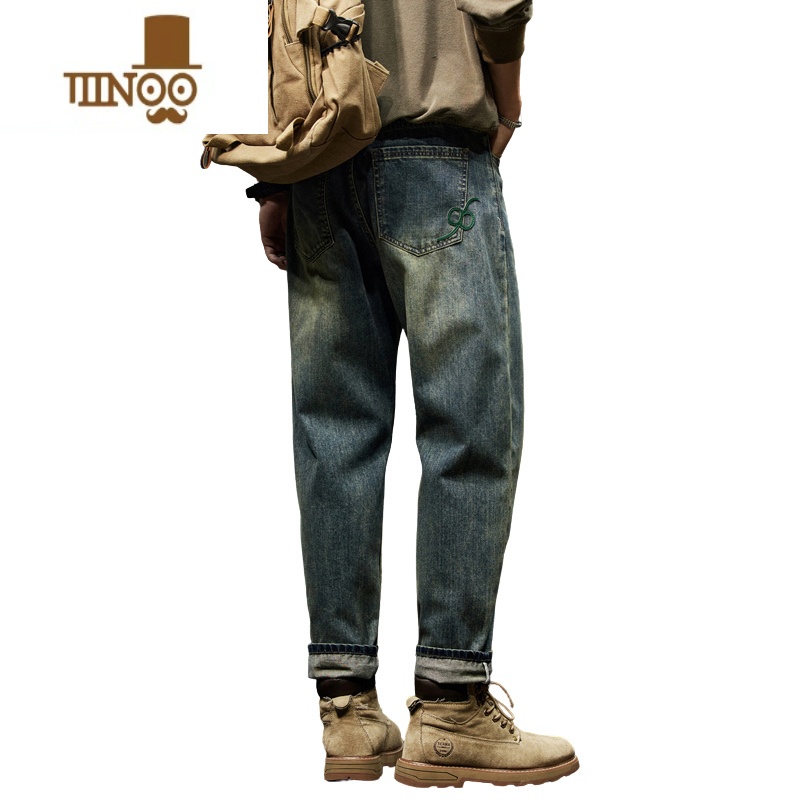 YANXU秋季复古牛仔裤男士潮牌2023新款美式大码男装宽松直筒长裤子高清大图