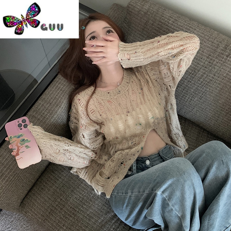 语娄破洞开叉毛衣女宽松慵懒风设计感小众不规则镂空薄款针织衫款