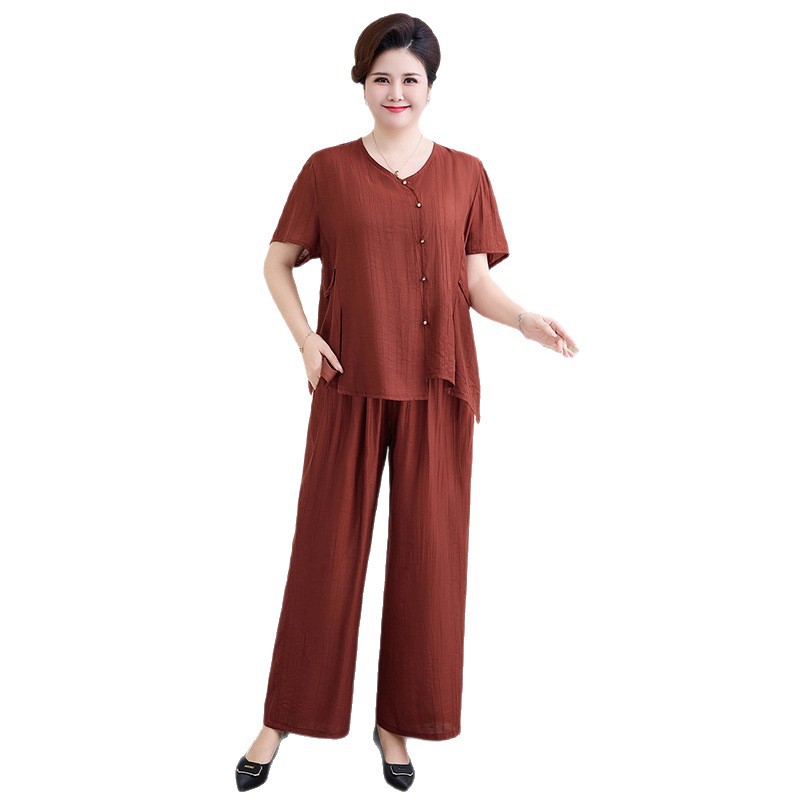 纤孜雅 母亲节妈妈短袖夏装套装老年人衣服加肥加大码胖老人夏季中年宽松高清大图