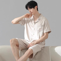 猫人睡衣男春夏高档短袖套装仿真丝青年大码家居服